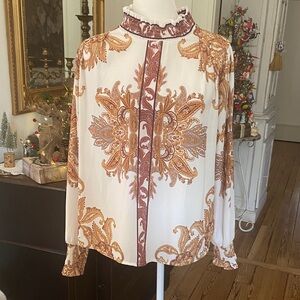 fab'rik Cream and Brown Paisley Blouse Size L